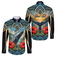 Personalized Masefau American Samoa Whale Family Matching Off Shoulder Short Dress and Hawaiian Shirt Polynesian Tribal Pattern Tropical Hibiscus TS04 Dad's Shirt - Long Sleeve Black Blue - Polynesian Pride