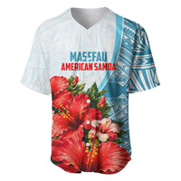 Personalized American Samoa Masefau Baseball Jersey Hibiscus Tropical Floral Whale Polynesian Tribal Pattern TS04 White Blue - Polynesian Pride