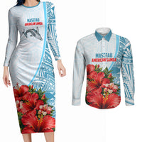 Personalized American Samoa Masefau Couples Matching Long Sleeve Bodycon Dress and Long Sleeve Button Shirt Hibiscus Tropical Floral Whale Polynesian Tribal Pattern TS04 White Blue - Polynesian Pride