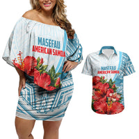 Personalized American Samoa Masefau Couples Matching Off Shoulder Short Dress and Hawaiian Shirt Hibiscus Tropical Floral Whale Polynesian Tribal Pattern TS04 White Blue - Polynesian Pride