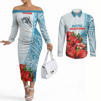 Personalized American Samoa Masefau Couples Matching Off The Shoulder Long Sleeve Dress and Long Sleeve Button Shirt Hibiscus Tropical Floral Whale Polynesian Tribal Pattern TS04 White Blue - Polynesian Pride