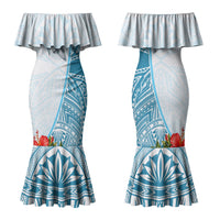 Personalized American Samoa Masefau Family Matching Mermaid Dress and Hawaiian Shirt Hibiscus Tropical Floral Whale Polynesian Tribal Pattern TS04 Mom's Dress White Blue - Polynesian Pride