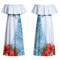 Personalized American Samoa Masefau Family Matching Off Shoulder Maxi Dress and Hawaiian Shirt Hibiscus Tropical Floral Whale Polynesian Tribal Pattern TS04 Mom's Dress White Blue - Polynesian Pride