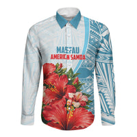 Personalized American Samoa Masefau Long Sleeve Button Shirt Hibiscus Tropical Floral Whale Polynesian Tribal Pattern TS04 Unisex White Blue - Polynesian Pride