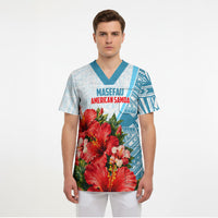 Personalized American Samoa Masefau Scrub Top Hibiscus Tropical Floral Whale Polynesian Tribal Pattern TS04 - Polynesian Pride