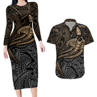 Polynesian Couples Matching Long Sleeve Bodycon Dress and Hawaiian Shirt Hammerhead Shark Tribal Pattern TS04 Black/Yellow - Polynesian Pride