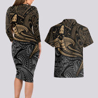 Polynesian Couples Matching Long Sleeve Bodycon Dress and Hawaiian Shirt Hammerhead Shark Tribal Pattern TS04 - Polynesian Pride