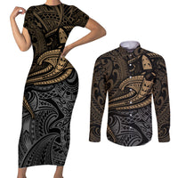 Polynesian Couples Matching Short Sleeve Bodycon Dress and Long Sleeve Button Shirts Hammerhead Shark Tribal Pattern TS04 Black Yellow - Polynesian Pride