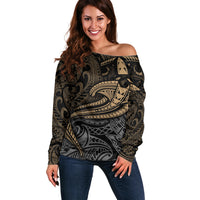Polynesian Off Shoulder Sweater Hammerhead Shark Tribal Pattern TS04 Women Black Yellow - Polynesian Pride