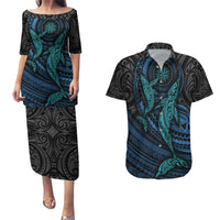 Polynesian Whale Couples Matching Puletasi Dress and Hawaiian Shirt TS04 Black Cyan - Polynesian Pride