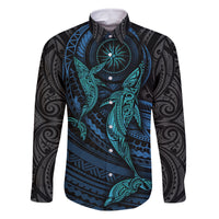 Polynesian Whale Family Matching Off Shoulder Maxi Dress and Hawaiian Shirt TS04 Dad's Shirt - Long Sleeve Black/Cyan - Polynesian Pride