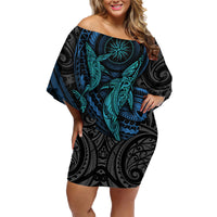 Polynesian Whale Family Matching Off Shoulder Short Dress and Hawaiian Shirt TS04 Mom's Dress Black/Cyan - Polynesian Pride