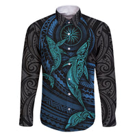 Polynesian Whale Family Matching Puletasi Dress and Hawaiian Shirt TS04 Dad's Shirt - Long Sleeve Black/Cyan - Polynesian Pride