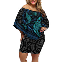 Polynesian Whale Off Shoulder Short Dress TS04 Women Black/Cyan - Polynesian Pride