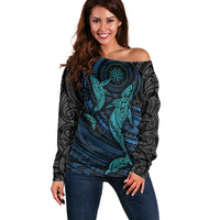 Polynesian Whale Off Shoulder Sweater TS04 Women Black Cyan - Polynesian Pride