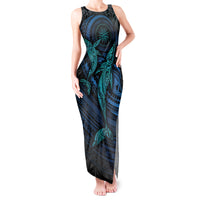 Polynesian Whale Tank Maxi Dress TS04 Women Black Cyan - Polynesian Pride