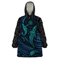 Polynesian Whale Wearable Blanket Hoodie TS04 One Size Black Cyan - Polynesian Pride