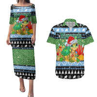 Micronesia Christmas Couples Matching Puletasi and Hawaiian Shirt with Santa Turtle Coral Reef and Holiday Ocean Pattern - Polynesian Pride
