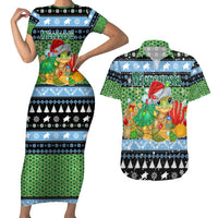 Micronesia Christmas Couples Matching Short Sleeve Bodycon Dress and Hawaiian Shirt with Santa Turtle Coral Reef and Holiday Ocean Pattern - Polynesian Pride