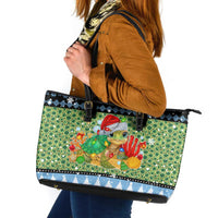 Micronesia Christmas Leather Tote Bag with Santa Turtle Coral Reef and Holiday Ocean Pattern - Polynesian Pride
