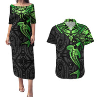 Polynesian Couples Matching Puletasi Dress and Hawaiian Shirt Hammerhead Shark Tribal Pattern Black Green Version TS04 Black Green - Polynesian Pride