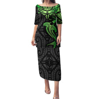 Polynesian Family Matching Puletasi Dress and Hawaiian Shirt Hammerhead Shark Tribal Pattern Black Green Version TS04 Mom's Dress Black/Green - Polynesian Pride