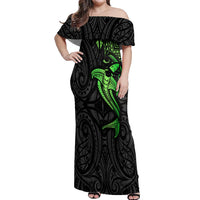 Polynesian Off Shoulder Maxi Dress Hammerhead Shark Tribal Pattern Black Green Version TS04 Women Black Green - Polynesian Pride