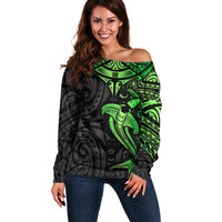 Polynesian Off Shoulder Sweater Hammerhead Shark Tribal Pattern Black Green Version TS04 Women Black Green - Polynesian Pride