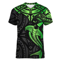 Polynesian Women V Neck T Shirt Hammerhead Shark Tribal Pattern Black Green Version TS04 Female Black/Green - Polynesian Pride