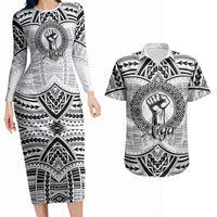 Aiga Samoa Raised Fist Couples Matching Long Sleeve Bodycon Dress and Hawaiian Shirt Polynesian Tribal Tattoo Art Family Pride TS04 White Black - Polynesian Pride