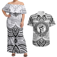 Aiga Samoa Raised Fist Couples Matching Off Shoulder Maxi Dress and Hawaiian Shirt Polynesian Tribal Tattoo Art Family Pride TS04 White Black - Polynesian Pride
