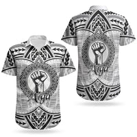 Aiga Samoa Raised Fist Couples Matching Off Shoulder Maxi Dress and Hawaiian Shirt Polynesian Tribal Tattoo Art Family Pride TS04 - Polynesian Pride
