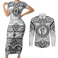 Aiga Samoa Raised Fist Couples Matching Short Sleeve Bodycon Dress and Long Sleeve Button Shirt Polynesian Tribal Tattoo Art Family Pride TS04 White Black - Polynesian Pride