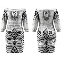 Aiga Samoa Raised Fist Family Matching Off The Shoulder Long Sleeve Dress and Hawaiian Shirt Polynesian Tribal Tattoo Art Family Pride TS04 Mom's Dress White Black - Polynesian Pride