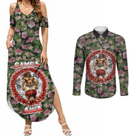 Samoa Aiga Polynesian Couples Matching Summer Maxi Dress and Long Sleeve Button Shirt Tropical Floral Hibiscus Pattern Island Heritage TS04 Green Red - Polynesian Pride