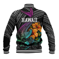 Hawaii Polynesian Baseball Jacket with Tribal Hammerhead Sharks and Hibiscus Black TS04 - Polynesian Pride
