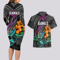 Hawaii Polynesian Couples Matching Long Sleeve Bodycon Dress and Hawaiian Shirt with Tribal Hammerhead Sharks and Hibiscus Black TS04 - Polynesian Pride