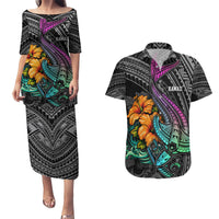 Hawaii Polynesian Couples Matching Puletasi Dress and Hawaiian Shirt with Tribal Hammerhead Sharks and Hibiscus Black TS04 Black - Polynesian Pride