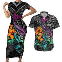 Hawaii Polynesian Couples Matching Short Sleeve Bodycon Dress and Hawaiian Shirt with Tribal Hammerhead Sharks and Hibiscus Black TS04 Black - Polynesian Pride
