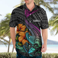 Hawaii Polynesian Hawaiian Shirt with Tribal Hammerhead Sharks and Hibiscus Black TS04 - Polynesian Pride