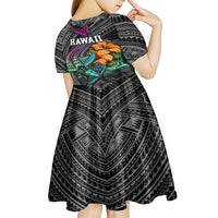 Hawaii Polynesian Kid Short Sleeve Dress with Tribal Hammerhead Sharks and Hibiscus Black TS04 - Polynesian Pride