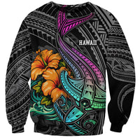 Hawaii Polynesian Sweatshirt with Tribal Hammerhead Sharks and Hibiscus Black TS04 Unisex Black - Polynesian Pride