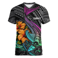 Hawaii Polynesian Women V Neck T Shirt with Tribal Hammerhead Sharks and Hibiscus Black TS04 Female Black - Polynesian Pride