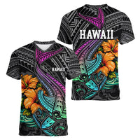 Hawaii Polynesian Women V Neck T Shirt with Tribal Hammerhead Sharks and Hibiscus Black TS04 - Polynesian Pride