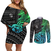 Zodiac Cancer Couples Matching Off Shoulder Short Dress and Long Sleeve Button Shirts Polynesian in Gradient Blue TS04 Gradient Blue - Polynesian Pride
