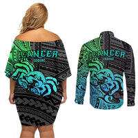 Zodiac Cancer Couples Matching Off Shoulder Short Dress and Long Sleeve Button Shirts Polynesian in Gradient Blue TS04 - Polynesian Pride
