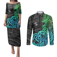 Zodiac Cancer Couples Matching Puletasi Dress and Long Sleeve Button Shirts Polynesian in Gradient Blue TS04 Gradient Blue - Polynesian Pride