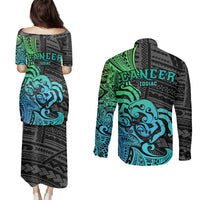 Zodiac Cancer Couples Matching Puletasi Dress and Long Sleeve Button Shirts Polynesian in Gradient Blue TS04 - Polynesian Pride