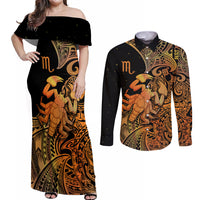 Zodiac Scorpio Couples Matching Off Shoulder Maxi Dress and Long Sleeve Button Shirts Polynesian in Orange TS04 Orange - Polynesian Pride