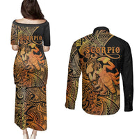 Zodiac Scorpio Couples Matching Puletasi Dress and Long Sleeve Button Shirts Polynesian in Orange TS04 - Polynesian Pride